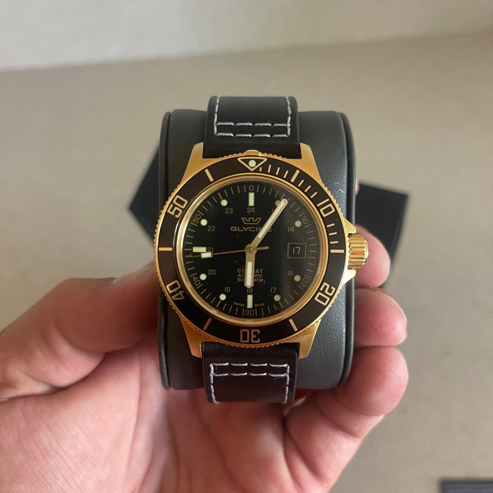Glycine dive watch gold face leather strap